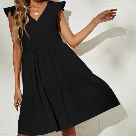 Boho Black Ruffle Sleeve Smock V neck Mini Dress - Picture 3 of 3